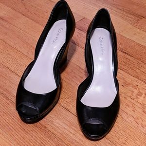 Calvin Klein Peep Toe Wedge Black Leather Shoes